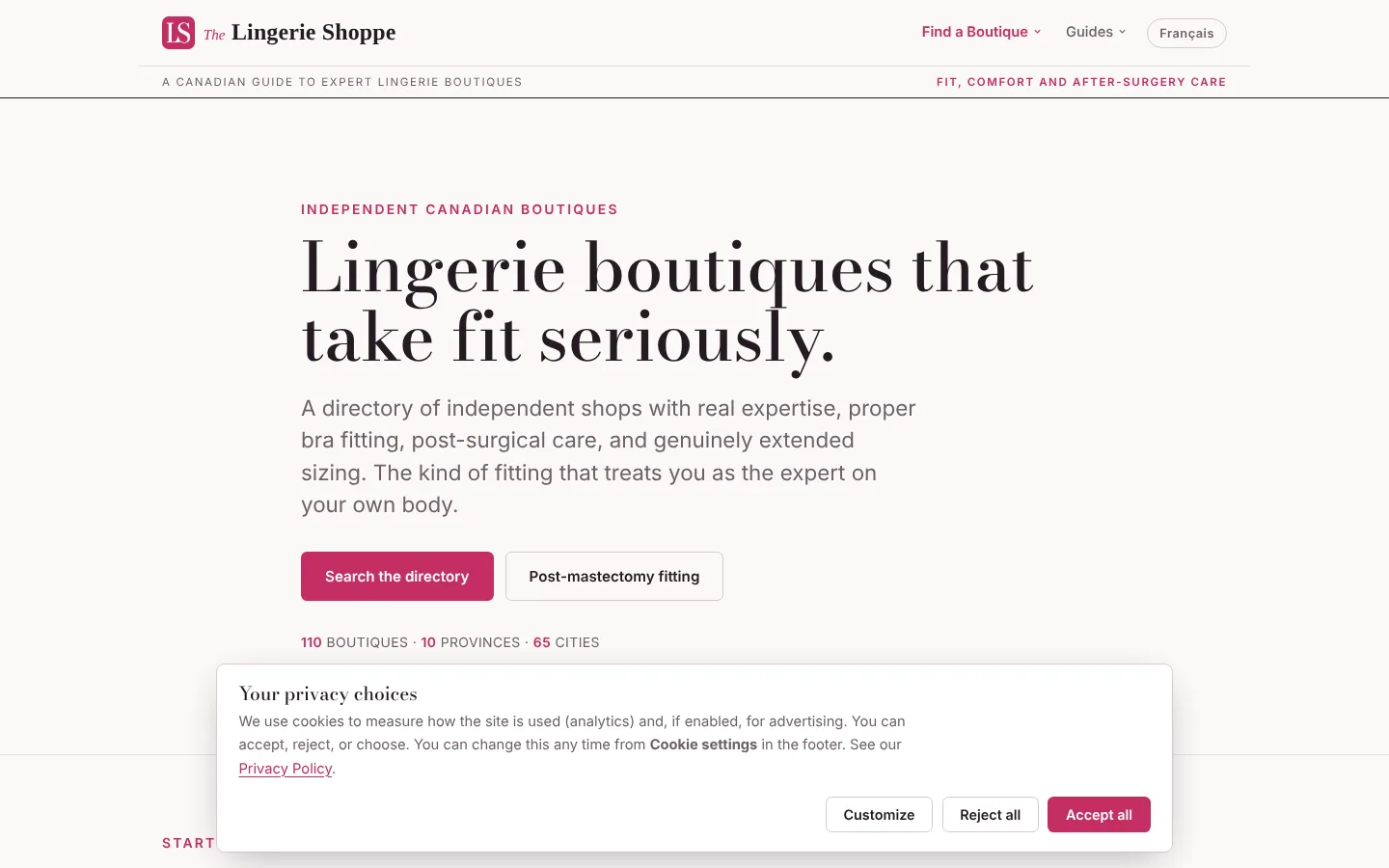 Home page of The Lingerie Shoppe, a directory of independent Canadian lingerie and bra-fitting boutiques