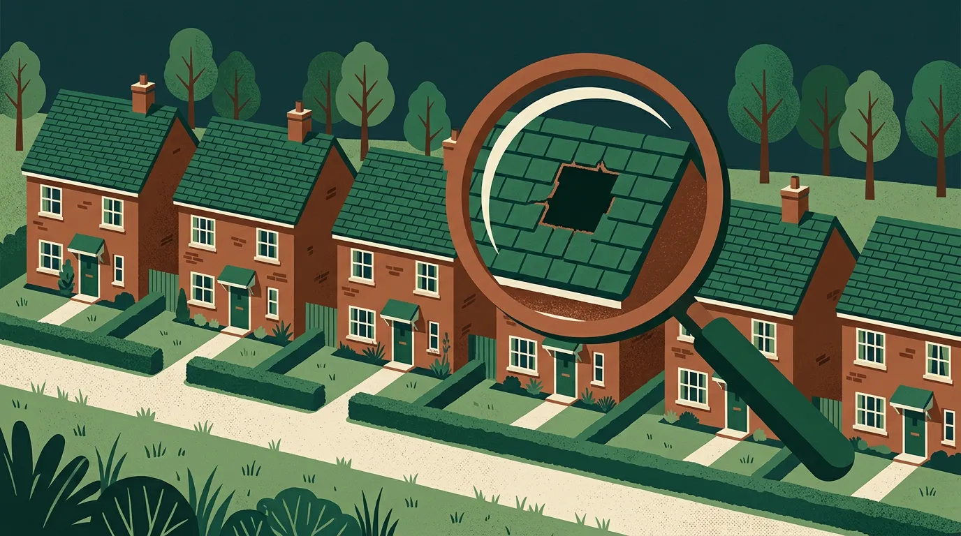 A tidy row of identical houses being inspected under a magnifying glass, one of them subtly different.