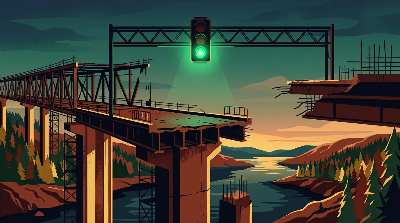 A green traffic light glowing above an empty, unfinished bridge.