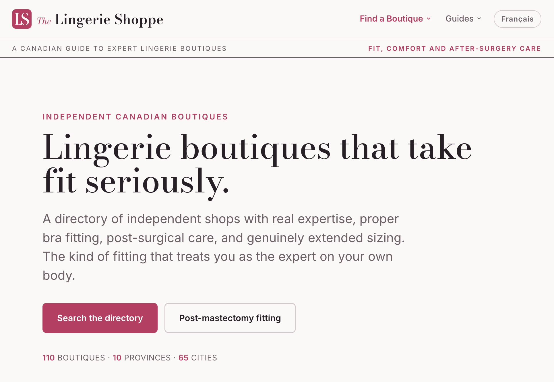 The Lingerie Shoppe homepage, a bilingual Canadian boutique directory built by Atomic Wax